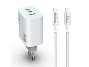 Зарядно за смартфон DeTech DE-PD 65W GaN Type-C-Type-C кабел Бял 40343 Зарядно за смартфон DeTech DE-PD 65W GaN Type-C-Type-C кабел Бял 40343