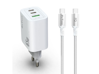 Зарядно за смартфон DeTech DE-PD 65W GaN Type-C-Type-C кабел Бял 40343 Зарядно за смартфон DeTech DE-PD 65W GaN Type-C-Type-C кабел Бял 40343